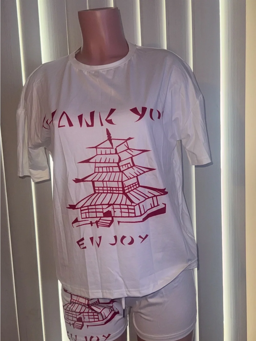 White T-Shirt and Shorts Set with Red Pagoda Graphic